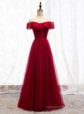 Burgundy Tulle Lace Off the Shoulder Prom Dress With Button